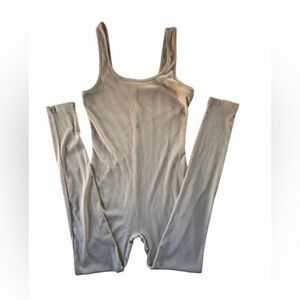 Beige Ribbed Sleeveless Full-Length Jumpsuit